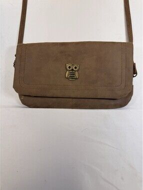 Owl Handbag Brown Cross Body Clutch Purse W/ Owl Accent Faux Leather Small Lined